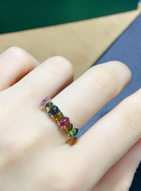 天然碧玺戒指女银镀18k金镶嵌彩色宝石时尚个性小众设计感指环