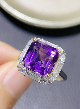 纯天然紫水晶戒指套装 阿斯切工艺10mms925纯银镶嵌520礼物