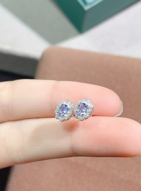 银镶天然坦桑石耳钉主石尺寸3*4mm小轻奢时尚大方支持鉴定