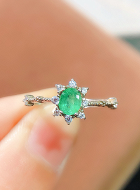 纯天然哥伦比亚祖母绿戒指高净度满火彩4*5mm925纯银精工镶嵌