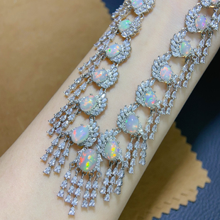 新款 天然炫彩白欧泊项链爆闪满火彩S925银精工镶嵌配带证书