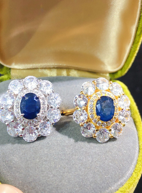 大克拉天然蓝宝石戒指女开口银镀18K金镶嵌钻石彩宝戒指现货