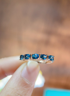纯天然伦敦蓝蓝托帕石戒指3*4mm925银精工镶嵌玫瑰金色