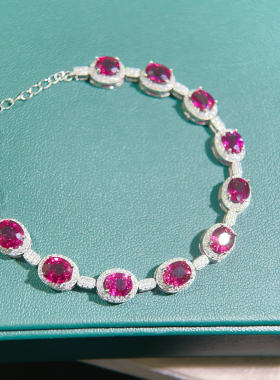 鸽血红天然镁铝石榴石手链女 银镶嵌紫牙乌奢华手饰彩宝现货