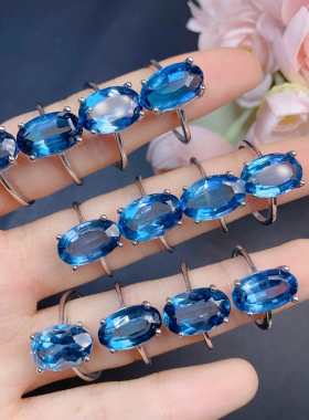 S925银伦敦蓝托帕石戒指女日韩简约时尚气质款蓝色水晶开口指环