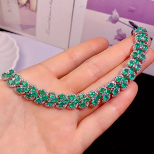 天然哥伦比亚祖母绿手链火彩爆闪颜色浓绿4 3mm925银镀白金镶嵌