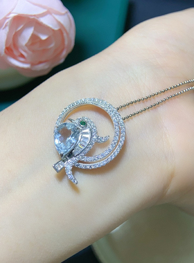 天然海蓝宝项链吊坠s925纯银镶嵌小鸟气质精致吊坠女耳饰网红潮