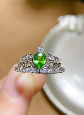 纯天然沙弗来戒指4*6mm925银镶嵌简单大气 开口可调节戒指