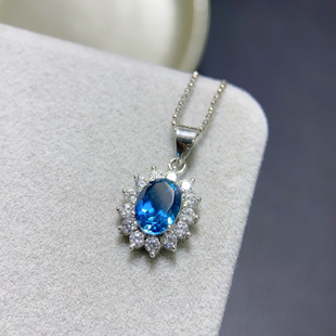 伦敦蓝托帕石项链吊坠女单坠925纯银锁骨首饰品挂件