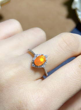 天然火欧泊戒指高净度火彩爆闪精品s925纯银精工镶嵌