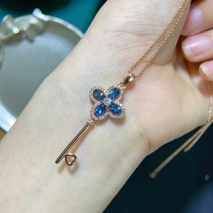 s925纯银镶嵌天然伦敦蓝托帕石吊坠主石3*5mm钥匙款吊坠项链