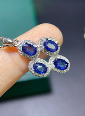2024年爆款天然斯里兰卡皇家蓝蓝宝石四叶草项链925银精工镶嵌