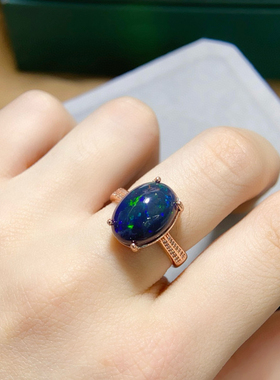 超大颗粒澳洲黑欧泊银饰戒指银镶嵌火彩闪耀漂亮时尚精致活口设计