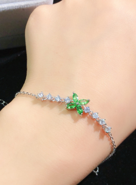 天然宝石沙弗来手链s925银镀玫瑰金镶嵌女款绿色石榴石绿宝石
