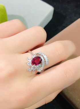 大克拉天然宝石戒指红紫牙乌戴妃太阳花经典款S925纯银镀18K金女