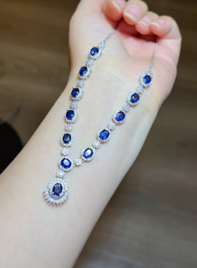 天然蓝宝石项链女款镶嵌钻石彩宝吊坠锁骨链时尚百搭送女友