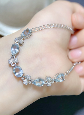 天然海蓝宝手链女款925银镶嵌冰种水滴形蓝色水晶时尚气质百搭