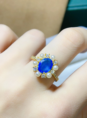 炫彩蓝欧泊戒指，绝美显白，主石6*8mm，S925银精工镶嵌