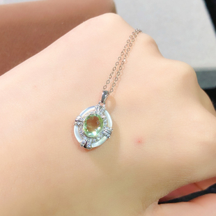 s925银镀金镶嵌天然绿碧玺吊坠项链锁骨链时尚简约气质百搭送女友