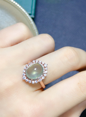 天然葡萄石戒指 冰种起荧光晶体干净925银精工镶嵌8*10mm