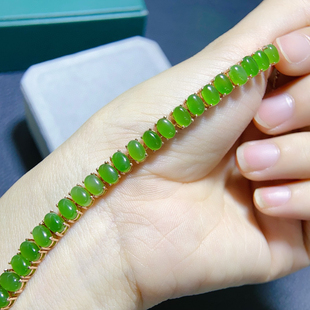 银镀18K金伴钻镶新疆和田玉碧玉猫眼苹果绿蛋形手链时尚 简约