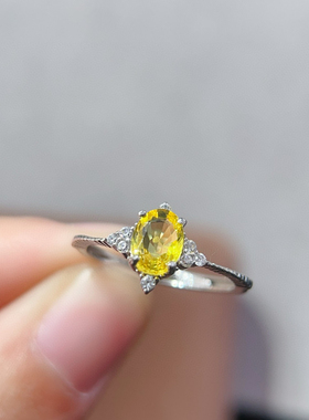 纯天然黄蓝宝戒指，粉嫩通透，5A宝石5*7mm，925银镶嵌厚重用银