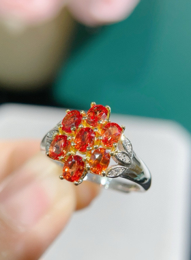 天然红色蓝宝石戒指颜色超美女戒S925纯银奢华靓丽别致花形款