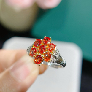 天然红色蓝宝石戒指颜色超美女戒S925纯银奢华靓丽别致花形款
