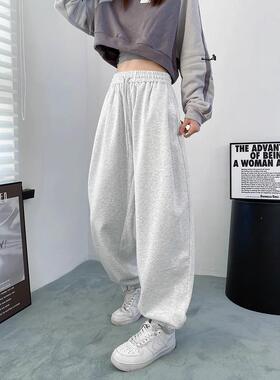 运动裤女夏季2024新款高腰直筒宽松束脚卫裤大码胖mm休闲阔腿裤子