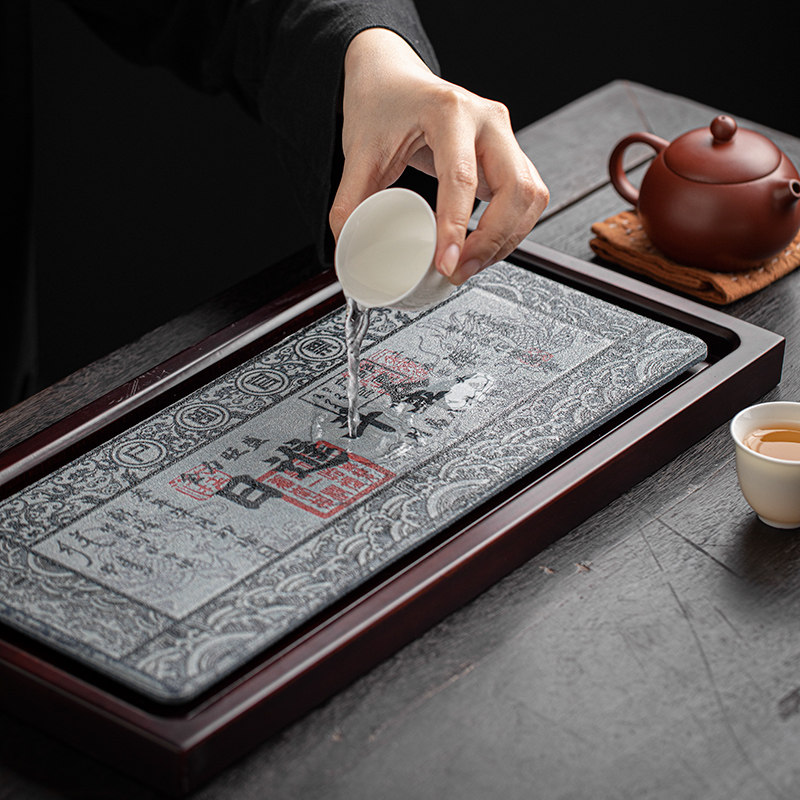 轻奢中式覆古吸水石茶盘家用蓄水托盘长方形干泡桌面小型沥水茶台