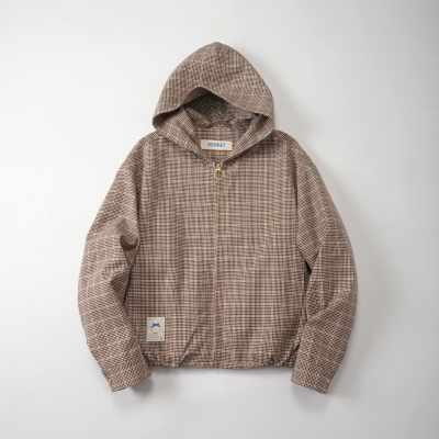 hukket棉质色织格纹连帽拉链夹克