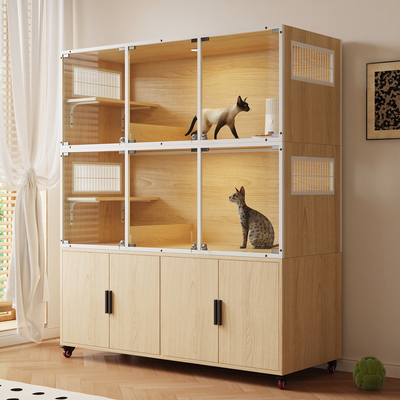 三开钢化玻璃门繁育猫笼三层猫别墅大空间猫柜实木猫笼寄养猫咪笼