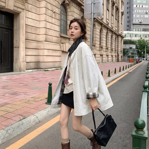 MZUC韩系撞色翻领风衣女中长款白色拼皮立领宽松百搭气质外套女