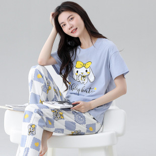 长裤 新款 夏季 睡衣女夏纯棉卡通短袖 休闲可外穿家居服套装