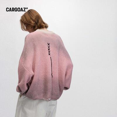 「CARGOAZ」张桂源张函瑞同款手工喷绘印花破坏扯烂圆领短款毛衣