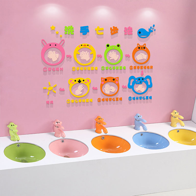 小学防疫七步法卫生间墙面装饰幼儿园儿童洗手步骤示意图卡通墙贴