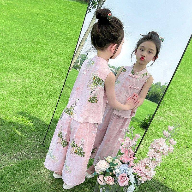 汉服女童棉绸套装夏季2026新款洋气时髦儿童新中式夏装女宝两件套