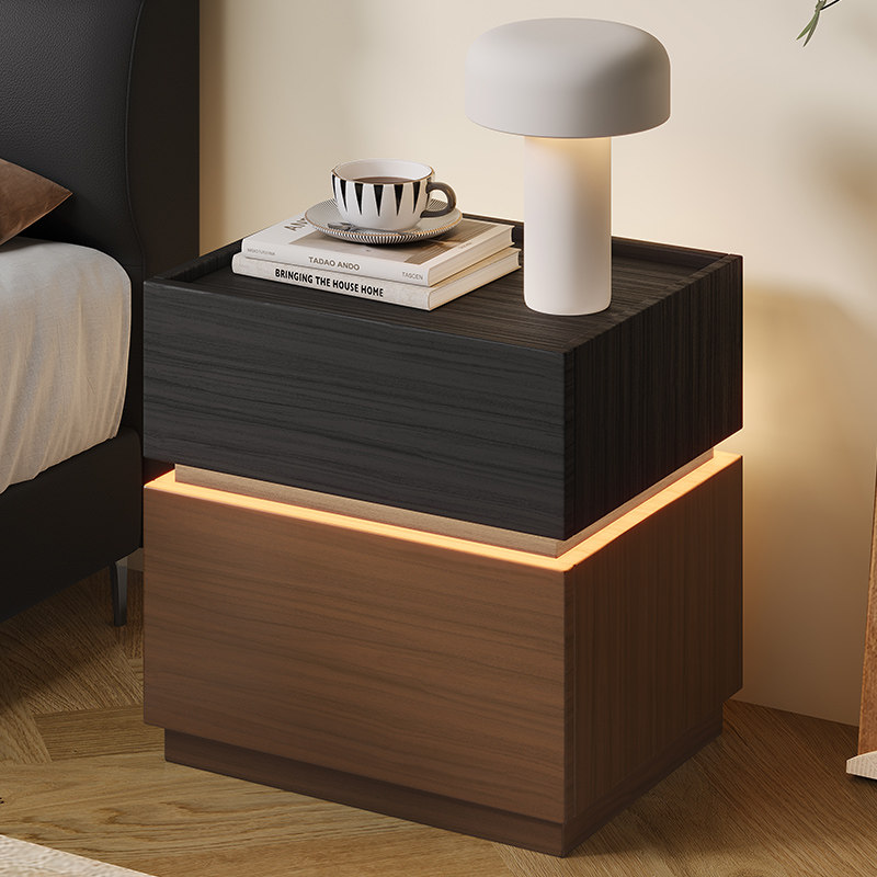 简约现代实木床头柜感应灯暗格隐藏抽屉床边柜卧室高级感意式极简