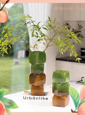 中古琉璃方口花瓶小众设计感水养鲜花几何绿色花器摆件小众高级感