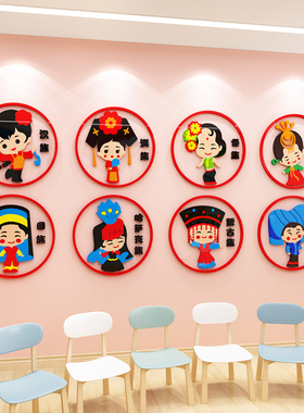 幼儿园传统文化墙中国少数56个民族服饰文化走廊教室墙面装饰墙贴