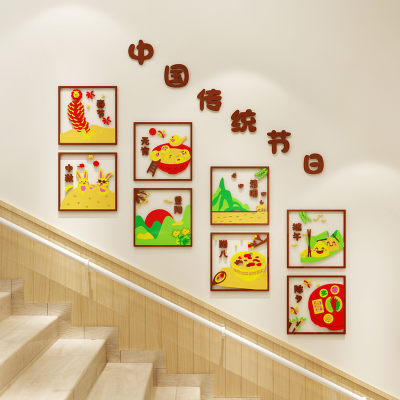 幼儿园中国传统节日楼梯走廊墙面装饰托管班主题教育机构文化墙贴