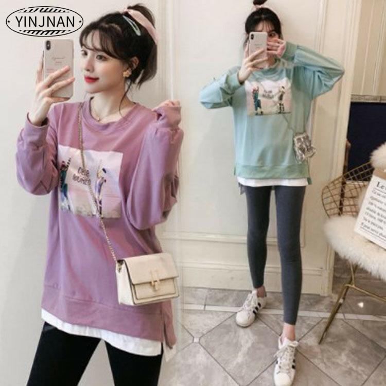 2020秋季新款孕妇装上衣 韩版潮妈时尚孕妇卫衣中长款拼接孕妇T恤