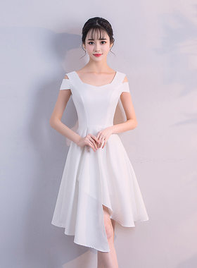 2018新款优雅白色礼服女生日聚会晚宴会时尚性感中长款无袖露肩裙