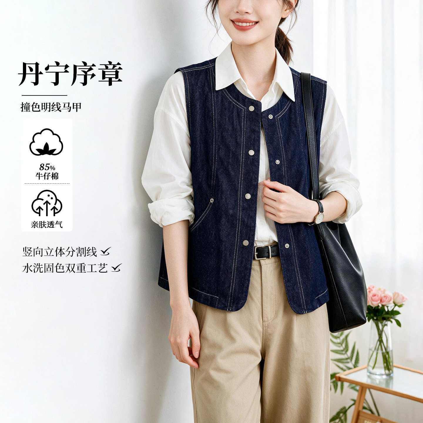 复古牛仔马甲女2026秋季新款圆领单排扣叠穿显瘦百搭无袖坎肩马夹