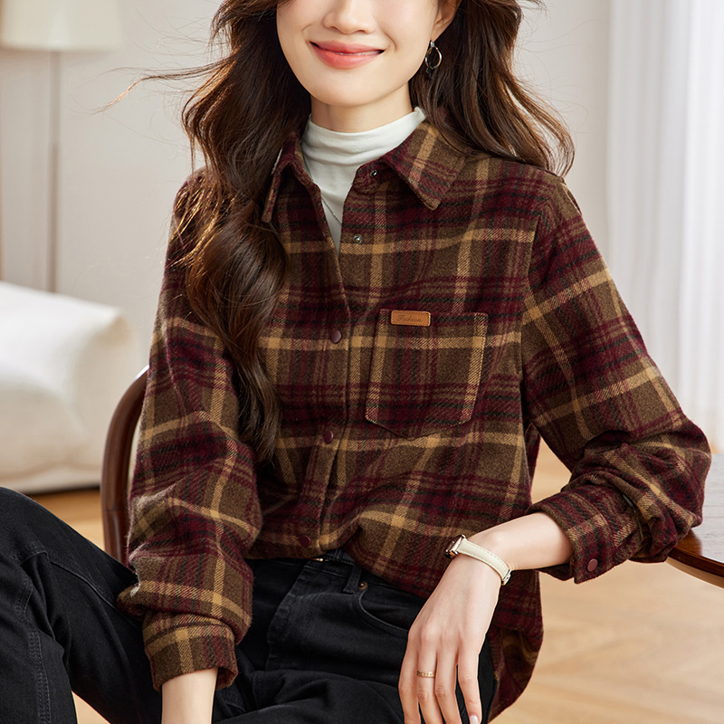 长袖毛呢衬衫初影格子好物特惠