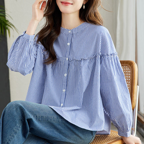 韩版休闲单排扣长袖纯棉条纹衬衫