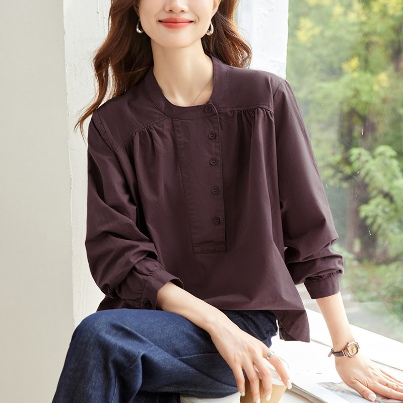 初影 圆领衬衫女长袖2026春装新款国风设计感上衣新中式纯棉衬衣