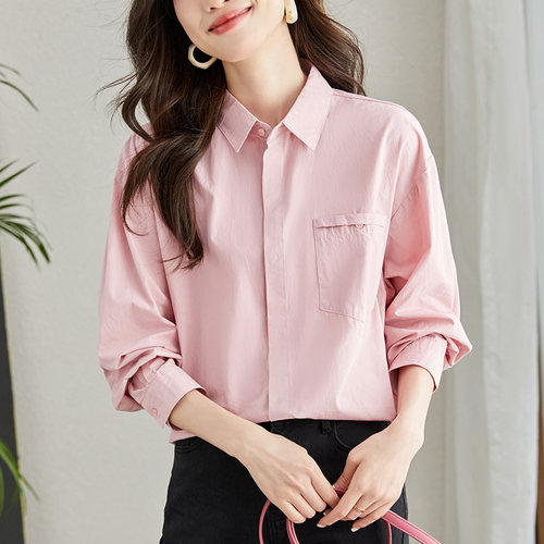 初影宽松通勤多扣长袖纯棉口袋