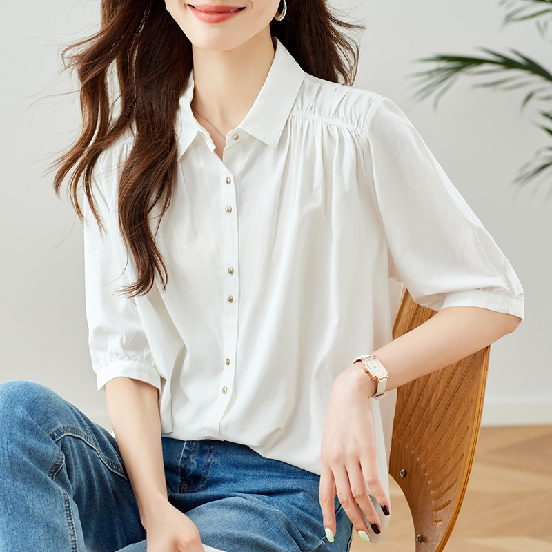 初影天丝白衬衫女五分袖2025夏季新款设计感褶皱上衣短袖女式衬衣