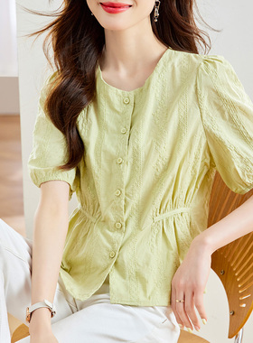 初影 豆绿色衬衫女短袖2025夏装新款圆领上衣纯棉绣花女式衬衣
